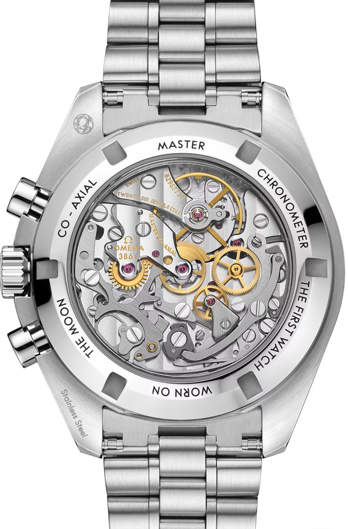 Exhibition sapphire caseback of an Omega Speedmaster Moonwatch, showing the entire calibre 3861 movement: gilt gear train, balance wheel, and chronograph works, with engraved ring reading Master Chronometer, Co-Axial, The First Watch Worn on the Moon