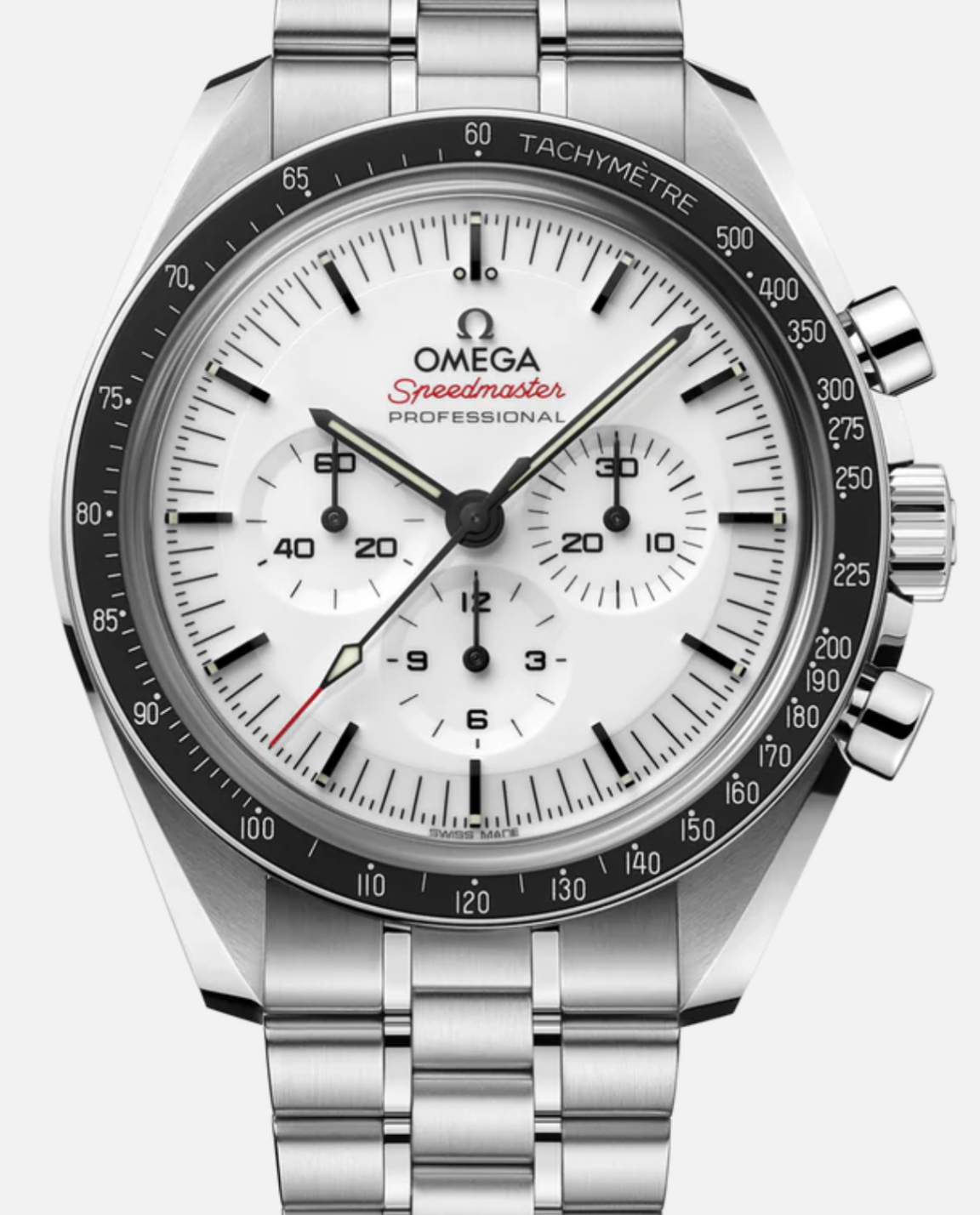 Omega Speedmaster Professional Moonwatch with white dial and black tachymeter bezel on a steel bracelet